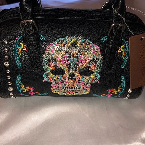 Montana West Black Faux Leather Embroidered Sugar Skull Satchel Crossbody NWT - Picture 4 of 16